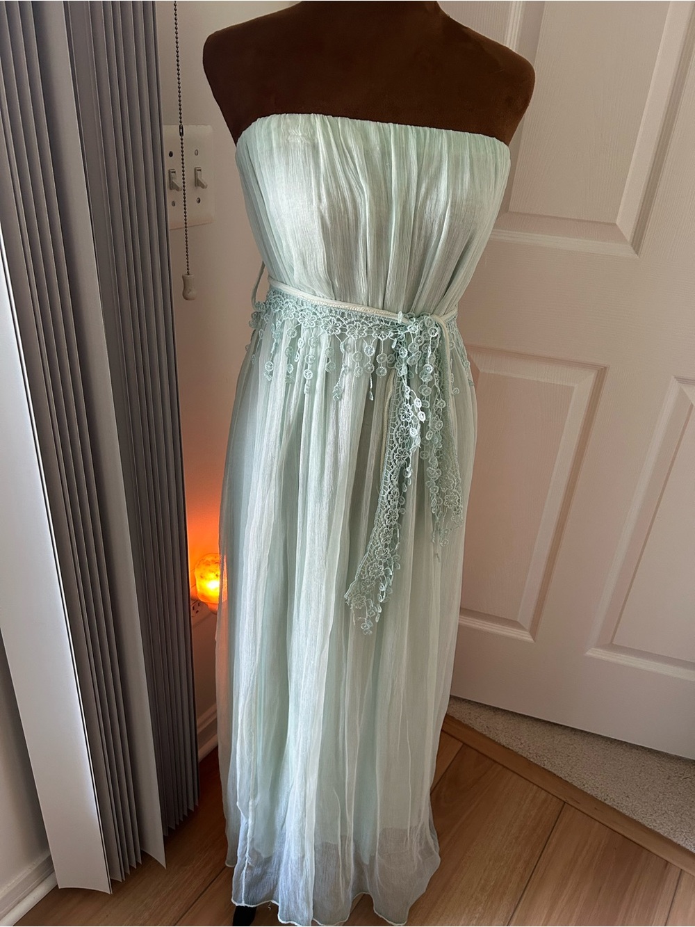Scandal designer Strapless Mint Chiffon Maxi Dress with Lace Sash and lined